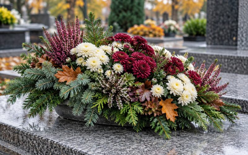 Jesienny stroik na grób z chryzantem, wrzosu i gałązek iglastych w niskiej misie